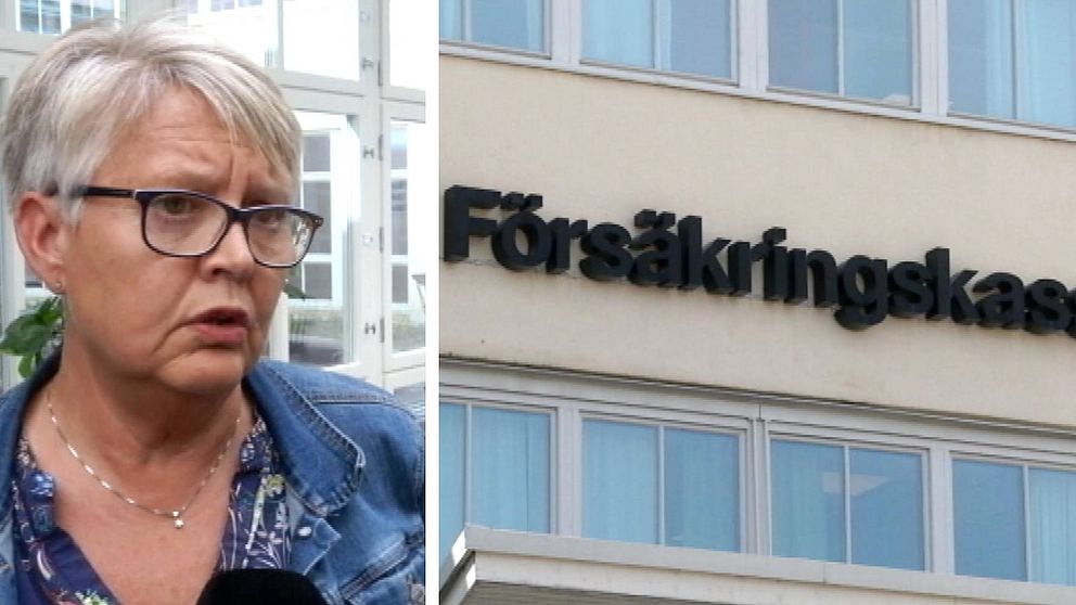 en medelålders kvinna som intervjuas, samt bild på fasad med skylt: Försäkringskassan