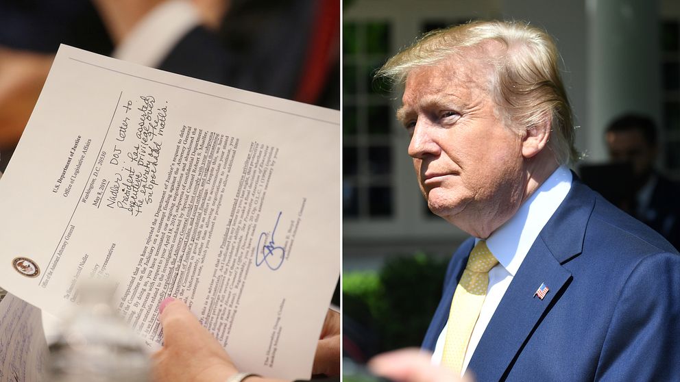En representant i justitiekommittén håller ett dokument i handen. President Donald Trump befinner sig utanför Vita Huset.