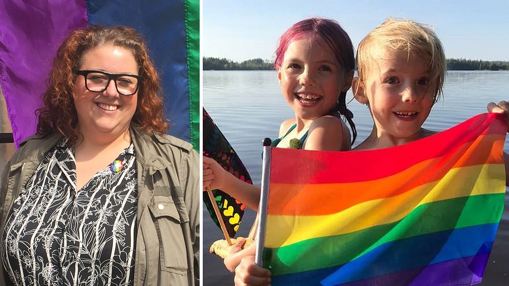 Sofia Belin står framför en prideflagga. Tvillingarna Bob håller upp en prideflagga och ser glada ut.