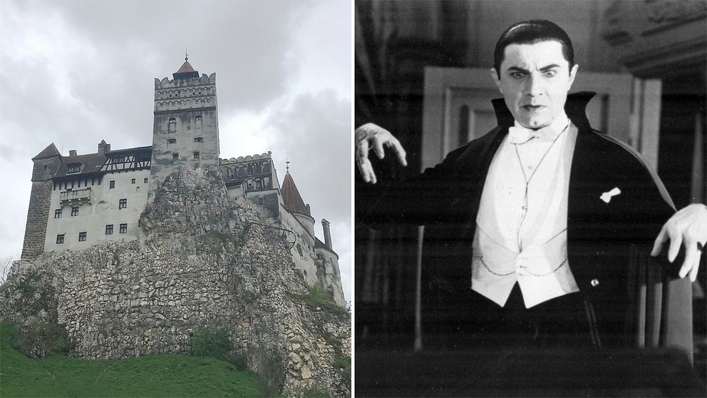 Till vänster i bild: slottet Bran i Transsylvanien som marknadsförs som ”Draculas slott”. Till höger i bild syns skådespelaren Bela Lugosi porträttera Dracula i filmklassikern från 1931.