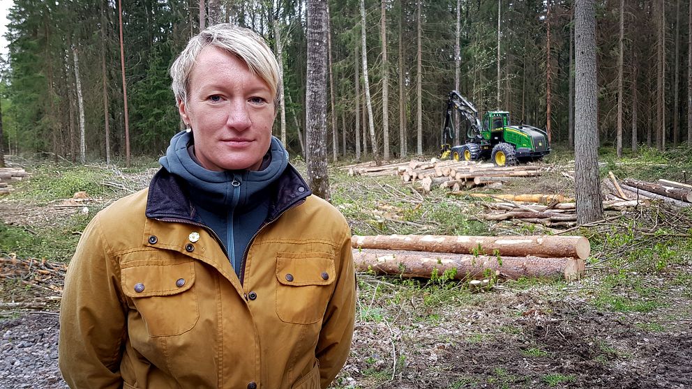 Caroline Löfmarck, förvaltare på enheten för naturvård på Örebro kommun, har en gul jacka på sig och står framför ett område där skog avverkats.
