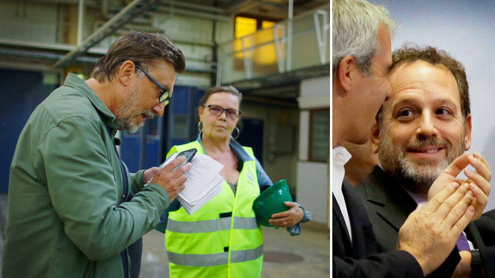 Janne Josefsson ringer upp Findus amerikanske ägare Noam Gottesman från den nedlagda fabriken i Bjuv. Bild på Janne i fabriken och bild på Noam Gottesman.