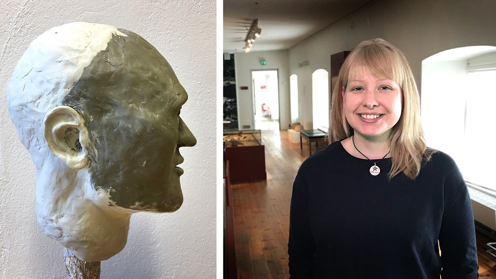 en bild på en lermodell av ett ansikte tillsammans med en bild på Linnea Gustavsson.
