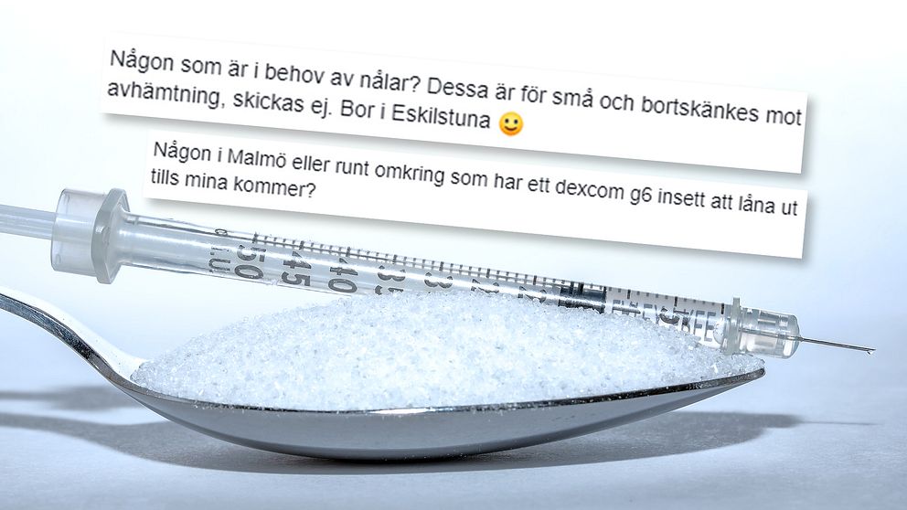 En spruta med insulin och socker i en sked. På bilden syns också inlägg från flera Facebookgrupper.