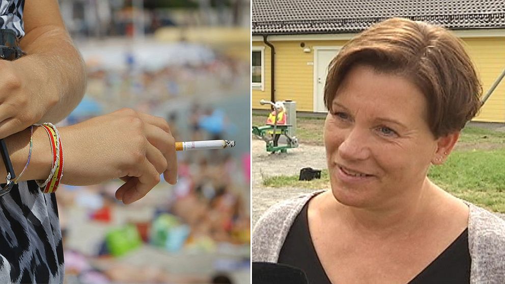Till vänster en person som håller en cigarett i handen. I bakgrunden syns en strand. Till höger Anneli Hedberg, ordförande i folkhälsoutskottet i Katrineholms kommun.