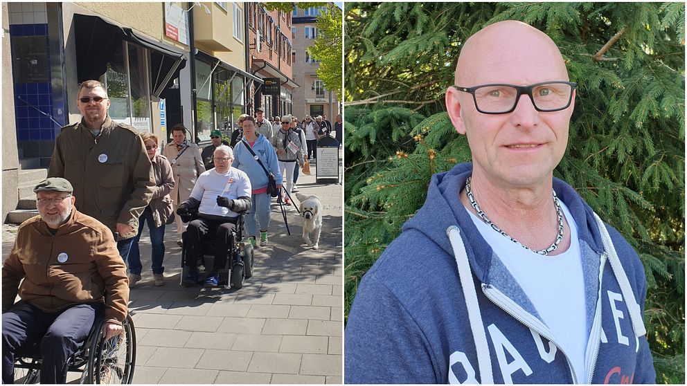 På den ena bilden ser man ett tåg av människor som går på en trottoar i Motala. På den andra bilden ser man en porträtbild på Leif Hjort som har t-shirt och luvtröja på sig.