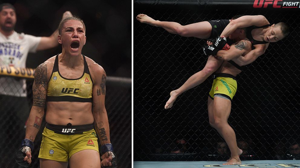 Jessica Andrade skriker ut sin glädje efter att ha vunnit UFC:s mästarbälte.