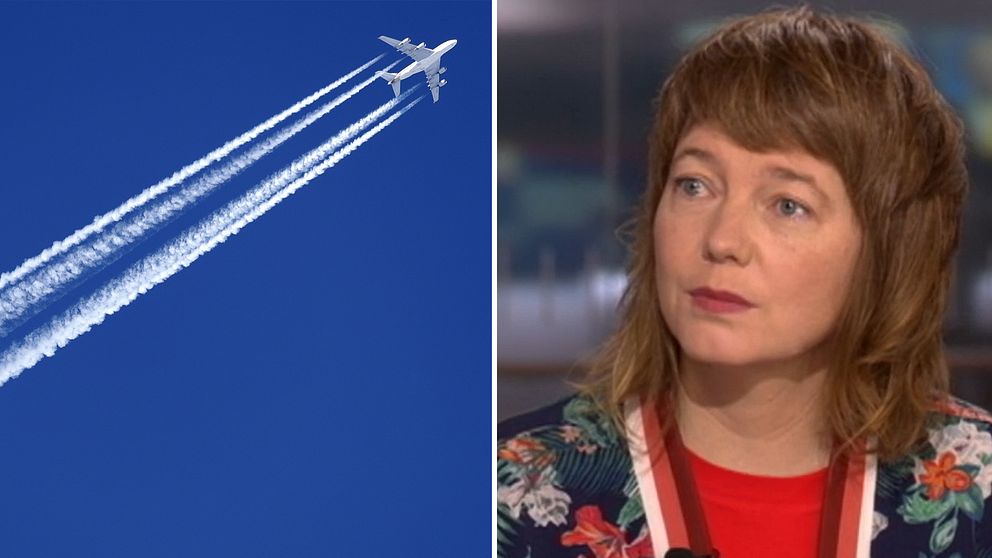 Flygplan på himlen och Malin Björk, EU-parlamentariker för Vänsterpartiet.
