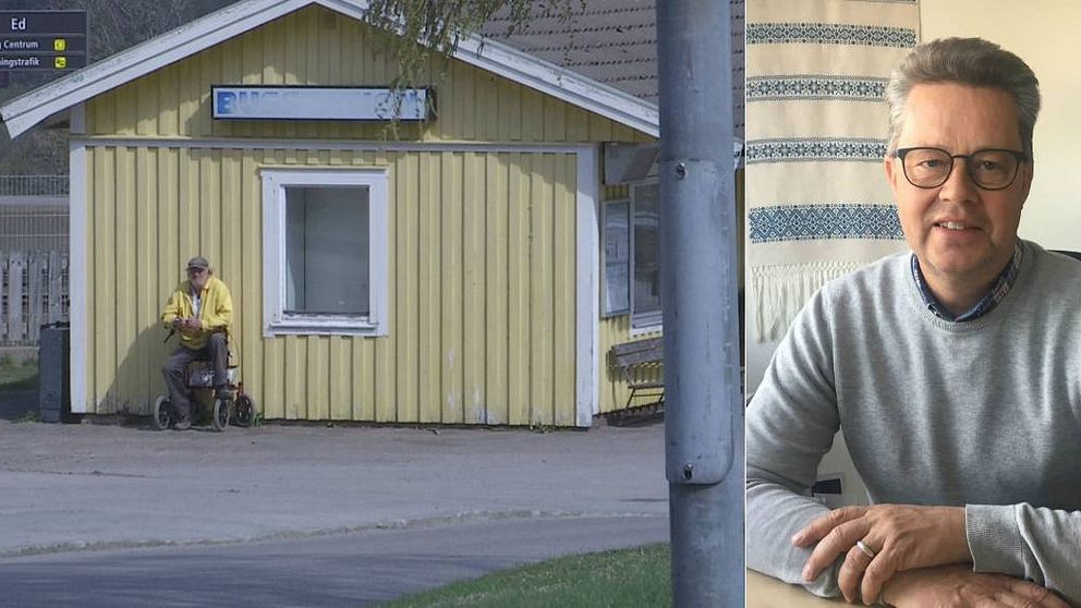 äldre man på rullator framför gult hus. kommunalråd i Dals-Ed