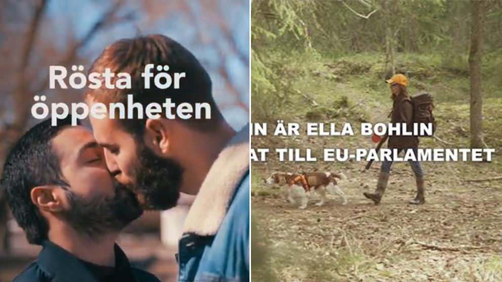 Bilder ur partiernas reklamkampanjer: Två personer som kysser varandra och en kvinna i jaktutrustning.