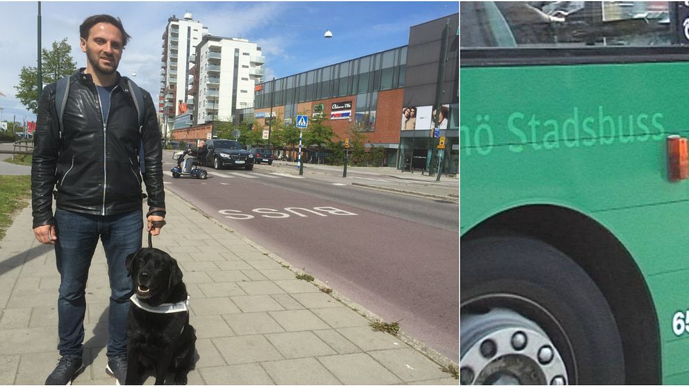 Bilden visar Fatmir och hans ledarhund Gibson utanför ett köpcentrum i Malmö.