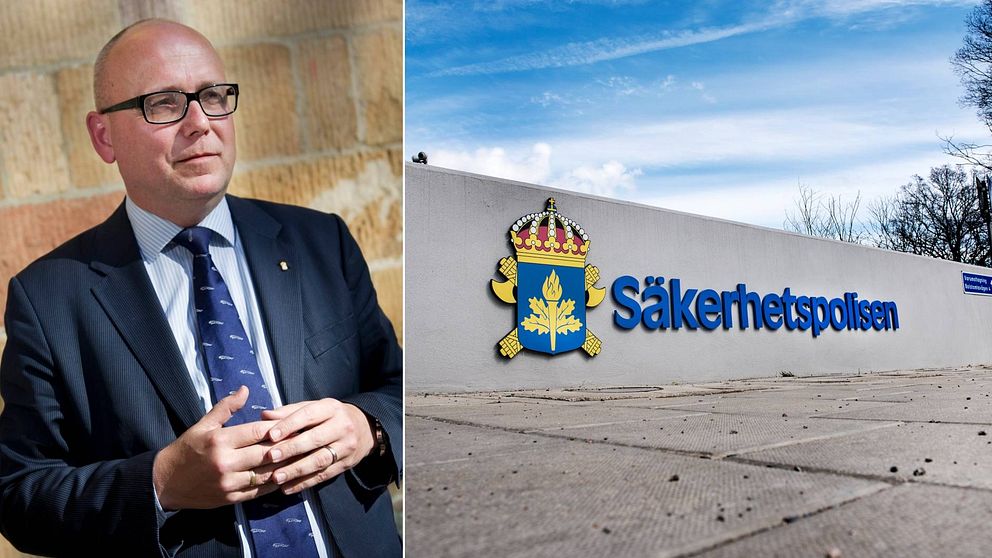 Tvådelad bild: Terrorforskaren Magnus Ranstorp och en skylt för Säkerhetspolisen på en vägg.