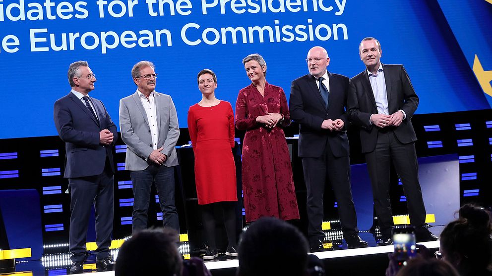 Här är politikerna som kan ersätta Jean-Claude Juncker. Från vänster till höger: Jan Zahradil (ACRE), Nico Cue (EL), Ska Keller (EGP), Margrethe Vestager (ALDE), Frans Timmermans (PES) och Manfred Weber (EPP).