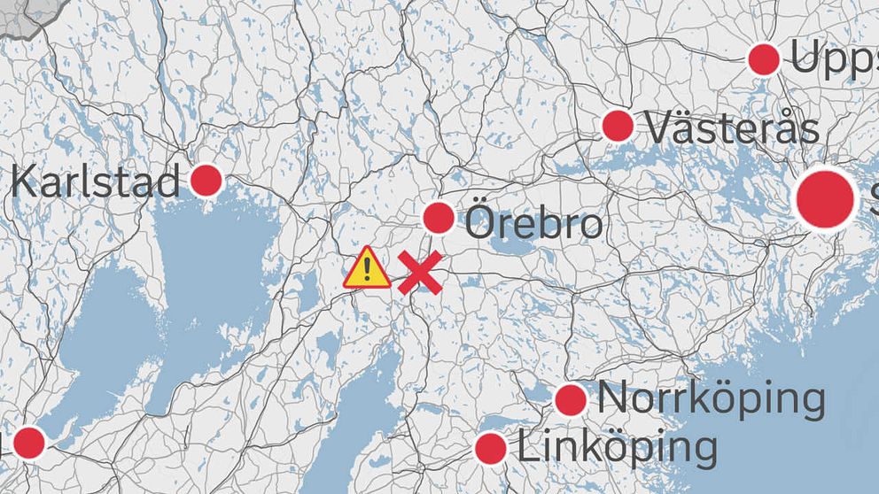 Karta över Mellansverige med Hallsberg utmärkt med ett rött kryss