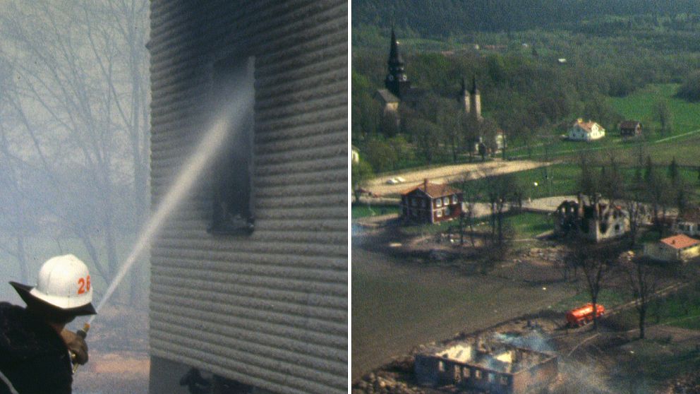 Flygbild över Varnhem 1979 med många nedbrända byggnader och brandman som bekämpar elden
