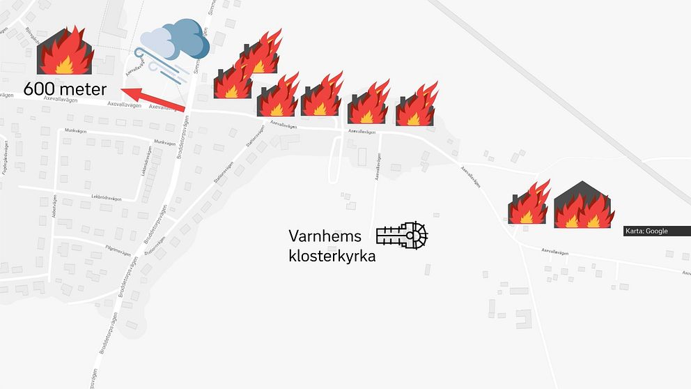 skiss över Varnhem och husen som antändes från sydost mot nordväst