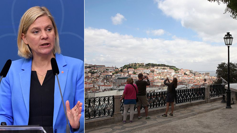 Bild på Magdalena Andersson och bild på turister i Portugal.