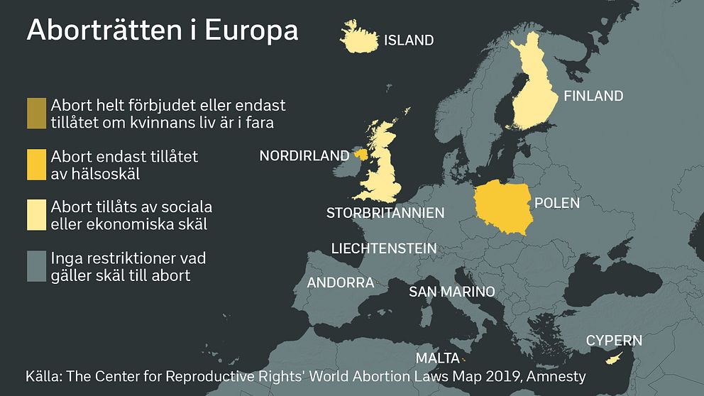En karta över aborträtten i Europa.