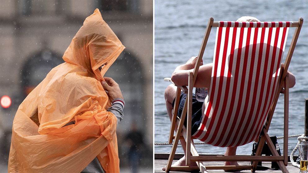 En person i regnkapp och en person i solstol.