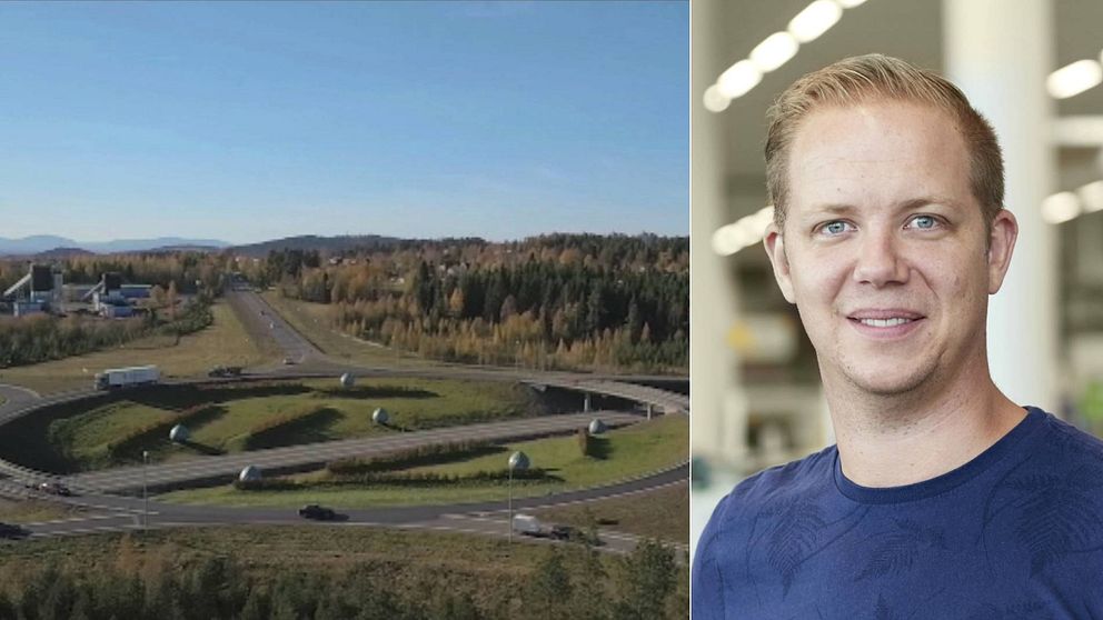 Flygbild över Lillängerondellen i Östersund och en bild på Johan Gerdevåg, marknadschef på Biltema