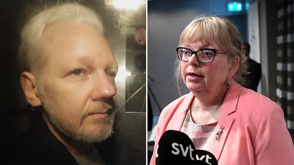 Till vänster: Julian Assange fotograferad genom rutan på en bil utanför domstolen i London. Till höger: Eva-Eva-Marie Persson, vice överåklagare, blir intervjuad vid en tidigare presksonferens.