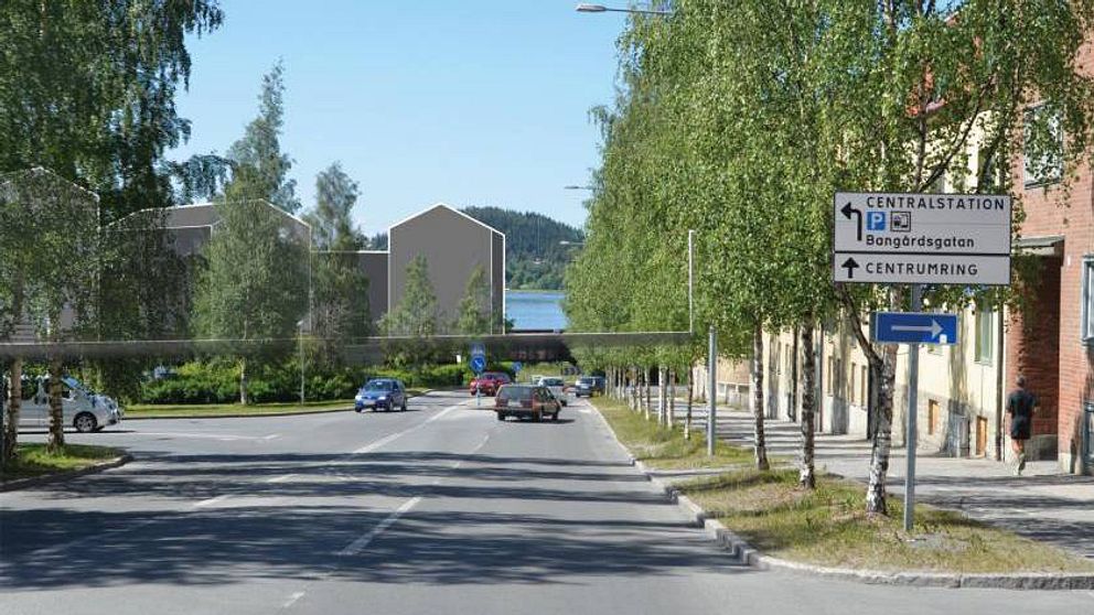 Vybild längs Gränsgatan i Östersund med föreslagna byggnader inritade längst ner.