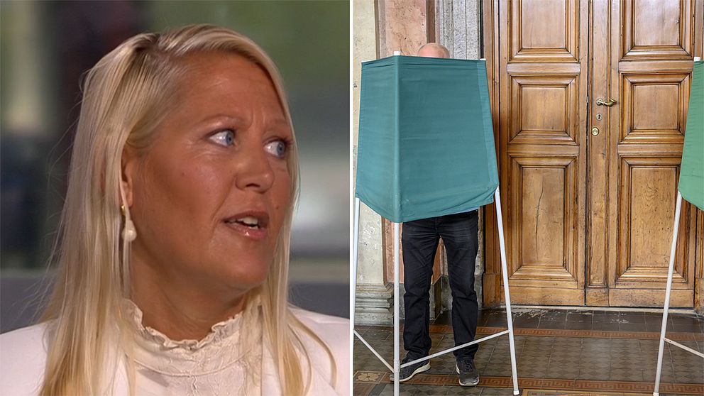 Valmyndighetens kanslichef Anna Nyqvist och två personer som förtidsröstar till EU-valet.
