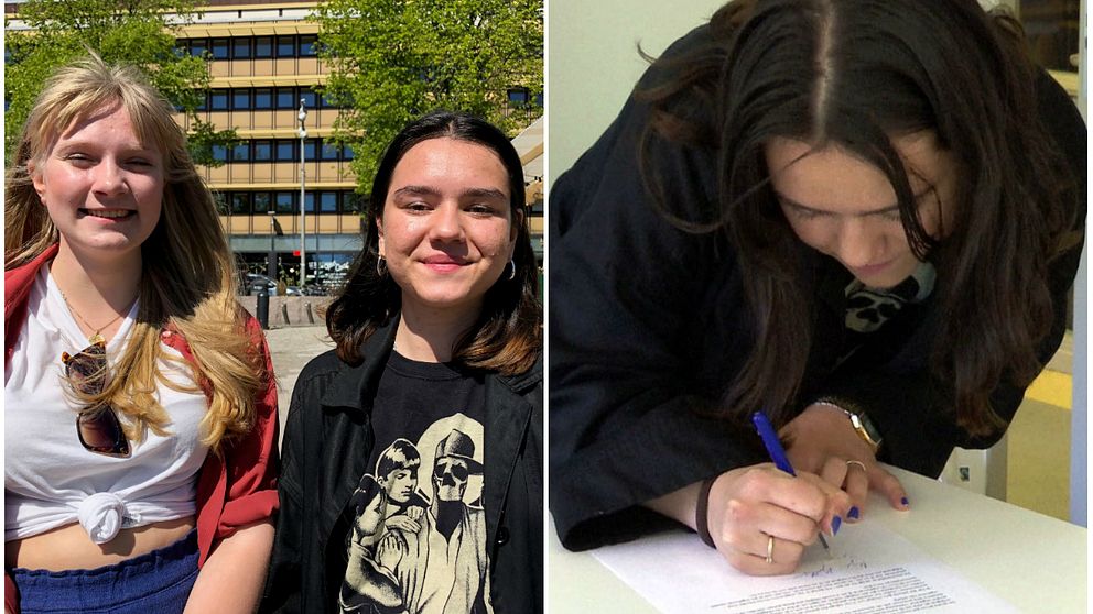 Till vänster två 17-åriga tjejer, till Höger en tjej skriver på kontrakt