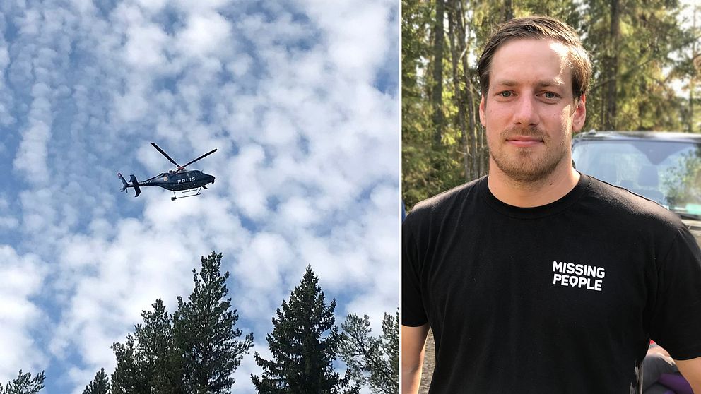 En polishelikopter flyger över grantopparna. Daniel Viklund från Missing People.