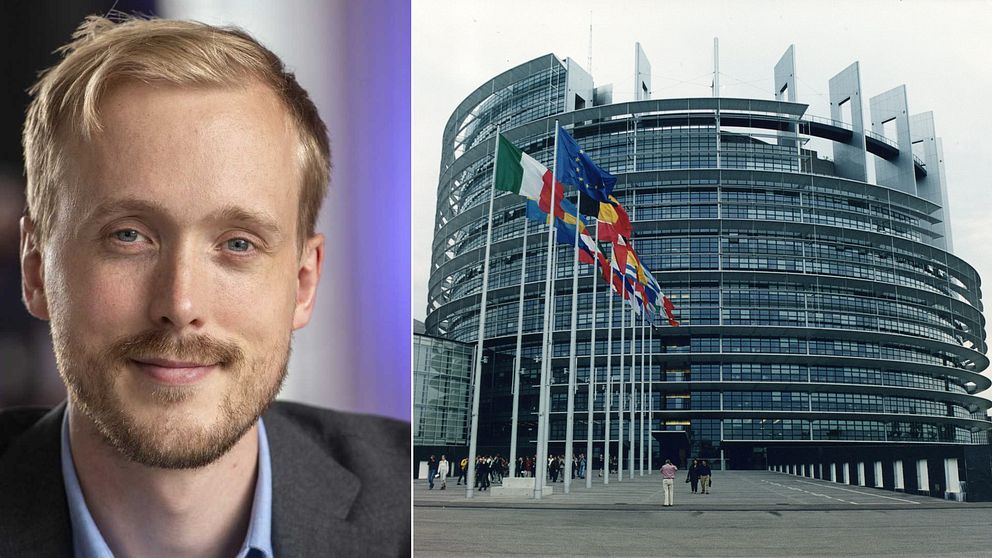 Till vänster en bild på Viktor Almqvist, pressekreterare på Europaparlamentets presstjänst. Till höger, en bild på Europaparlamentet i Bryssel.