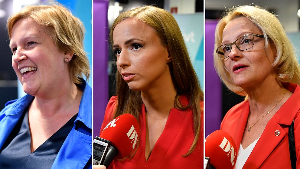 Karin Karlsbro (L), Sara Skyttedal (KD) och Heléne Fritzon (S) anländer till SVT:s EU-valsslutdebatt på fredagskvällen