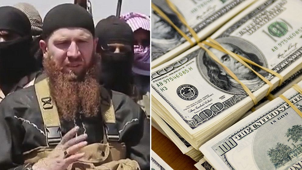 Isis-medlem och dollarsedlar.