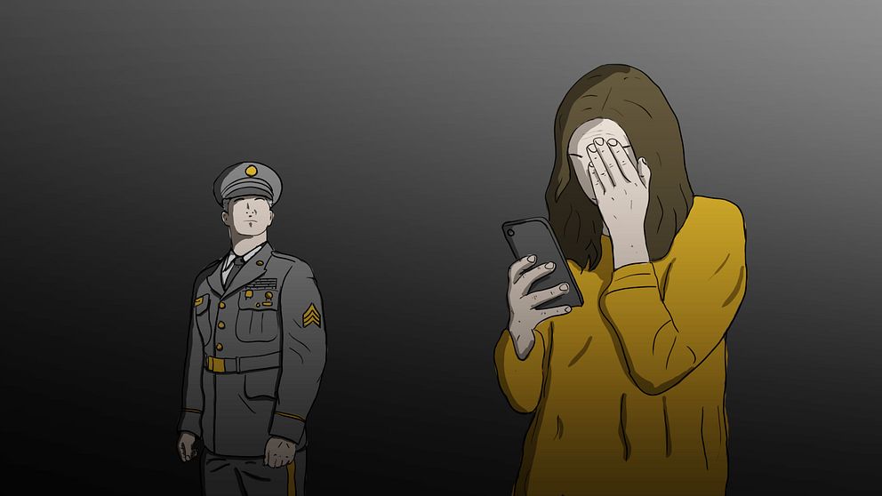 tecknad illustration av kvinna som tittar på sin mobil med huvudet i handen, i bakgrunden en man i militäruniform