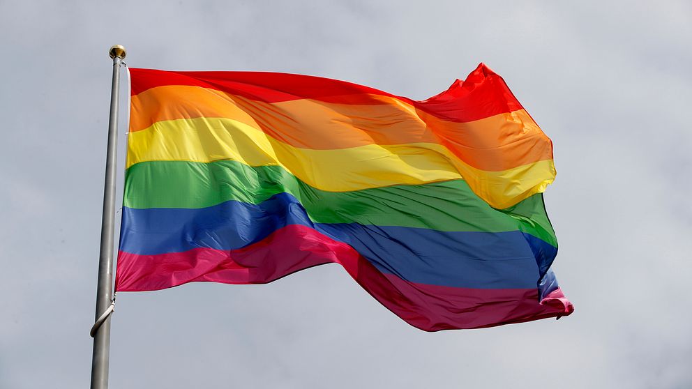 En regnbågsflagga vajar på en flaggstång.