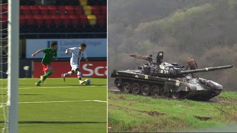 två fotbollspelare på plan, och bild på en soldat på en pansarvagn på en höjd i skogsområde