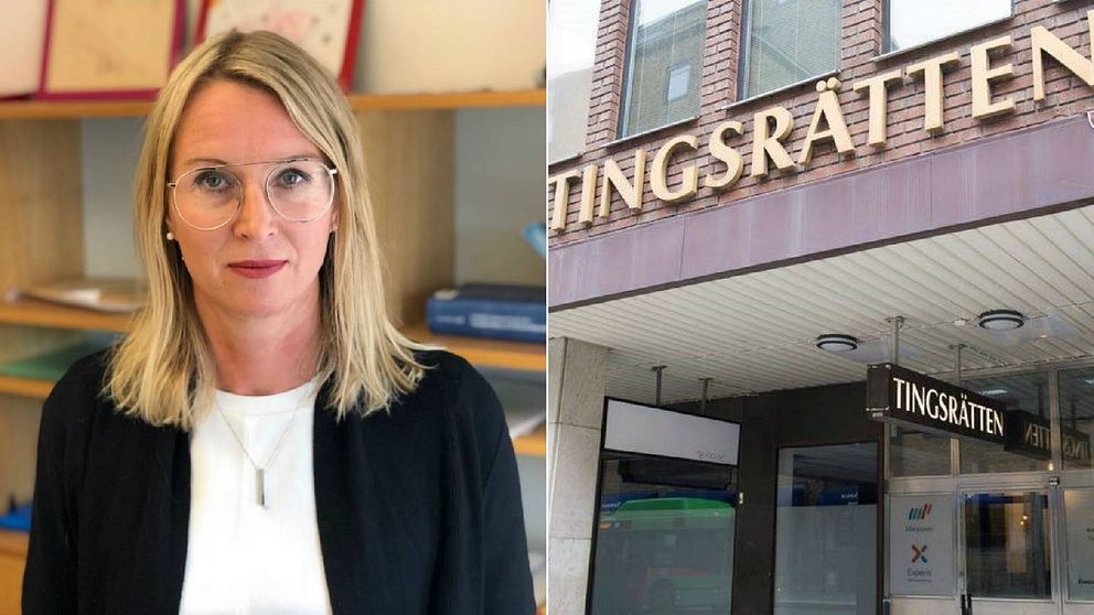 Ett porträtt på Jessica Wenna samt Eskilstuna tingsrätts skylt