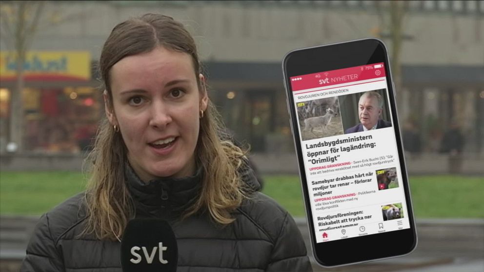 Sandra Kjellström och en bild på en telefon med SVT:s app.