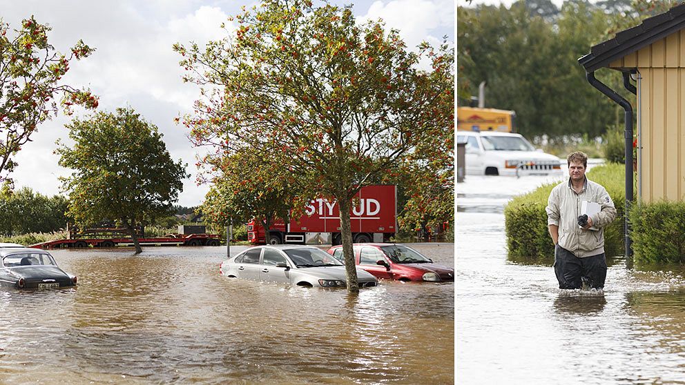 Bilar i vatten. De senaste dagarnas kraftiga regnande i Halland har lett till stora problem med översvämningar. I Getinge norr om Halmstad bedömer räddningstjänsten att det är katastrofläge.
