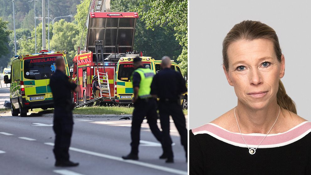 Två ambulanser och en brandbil vid platsen för explosionen i Linköping. En porträttbild av Maria Karlsson.