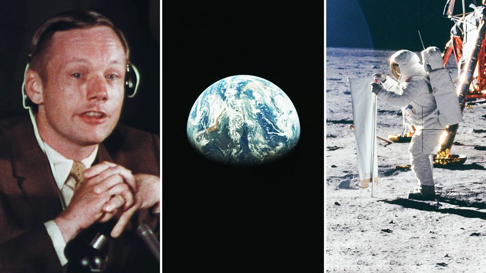 Tre bilder: den första på astronauten Neil Armstrong vid en intervju efter månlandningen. Bild två är på jorden sett från rymden. Bild tre är när Neil Armstrong sätter upp en flagga på månen.