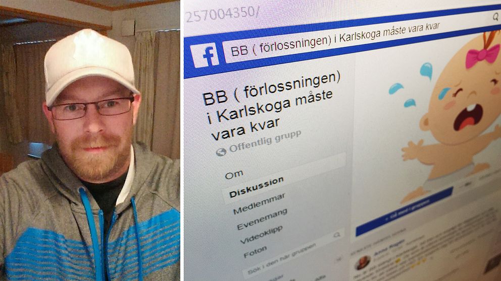 Daniel Rondahl i vit keps och rödlätt skägg. Bredvid en bild på en datorskärm som visar Facebook-gruppen ”BB (förlossningen) i Karlskoga måste finnas kvar”.