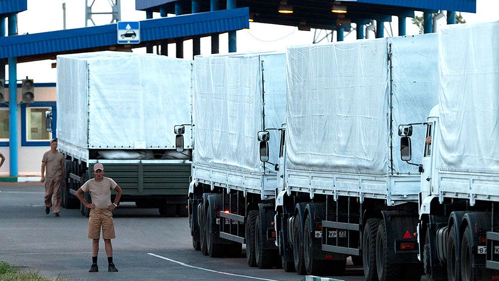 En förare står bredvid konvojen med ryska hjälpsändningar som har parkerat nära gränsstationen vid Donetsk, mellan Ukraina och Ryssland.