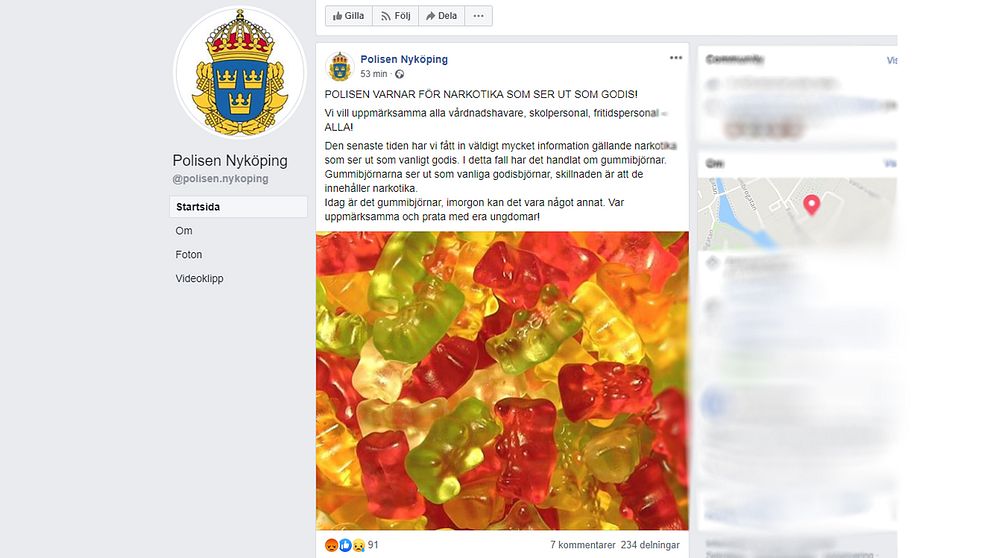 En skärmdump från Facebook. Polisens vapensköld syns, liksom en bild på en hög med gummibjörnar.