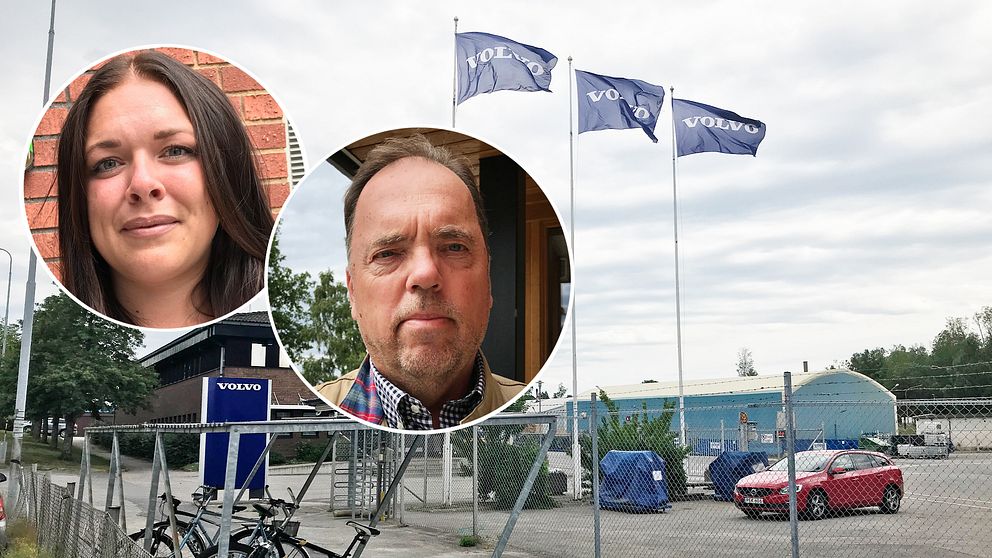 Oppositionsråd Emma Dahlin (S) och kommunalråd Anders Berglöv (S) samt flaggor utanför Volvos lokal