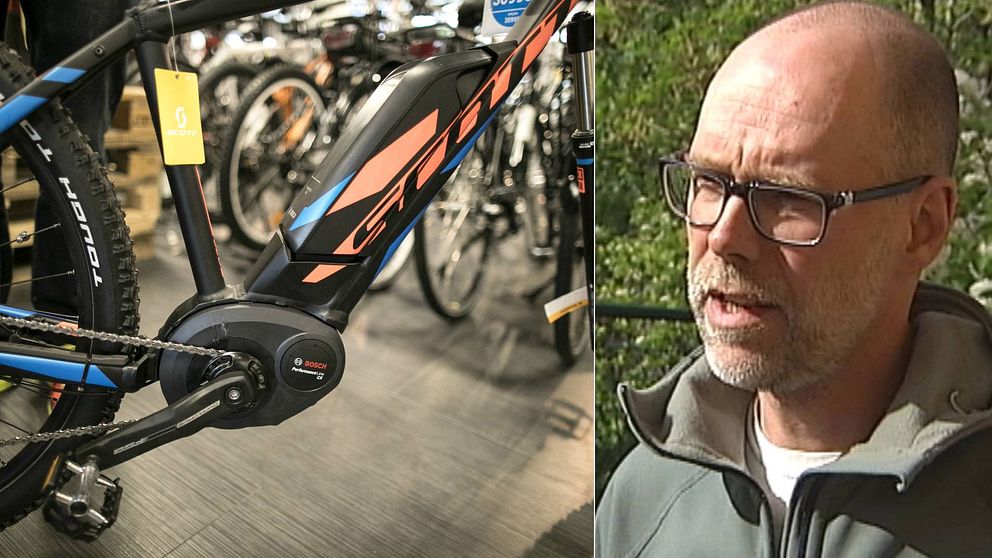 Bild på en elcykel, och bild på Nils Hallberg, jurist på Naturvårdsverket