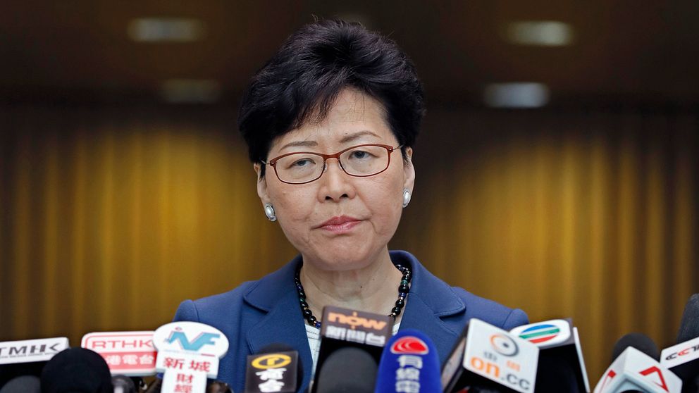 Hongkongs chefsminister Carrie Lam vid en presskonferens tidigare i veckan.