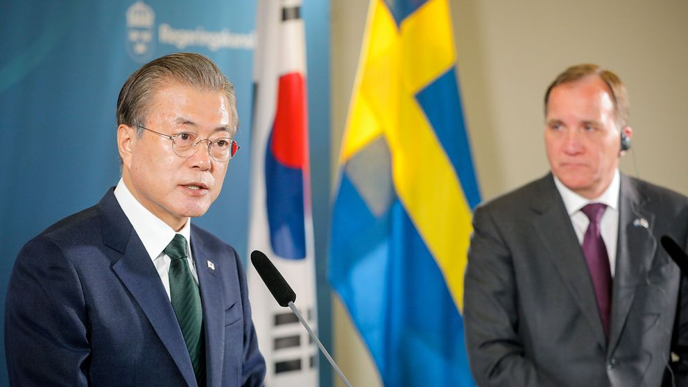 Sydkoreas president Moon Jae-in och statsminister Stefan Löfven (S) håller pressträff på Grand hotel i Saltsjöbaden efter ett gemensamt möte den 15 juni 2016.