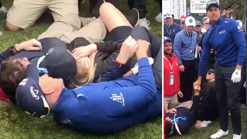 Henrik Stenson tar en liggande selfie med en åskådare han råkat sänka med ett golfslag.