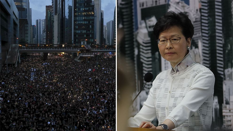 Ett hav av demonstranter i Hongkong och Carrie Lam.