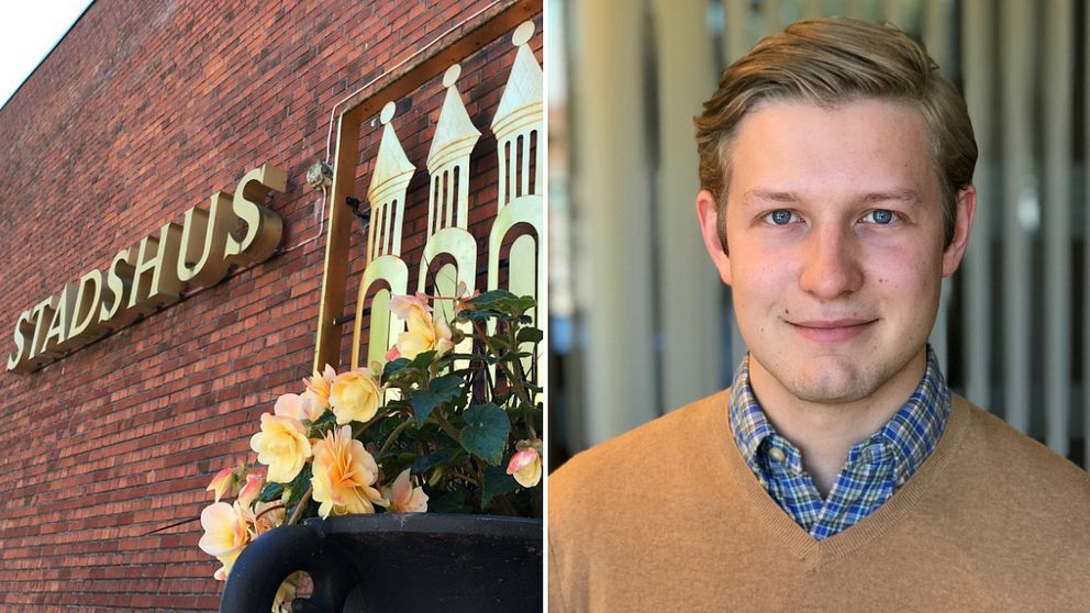 Adam Johansson (M) och exteriör av Faköpings kommunhus